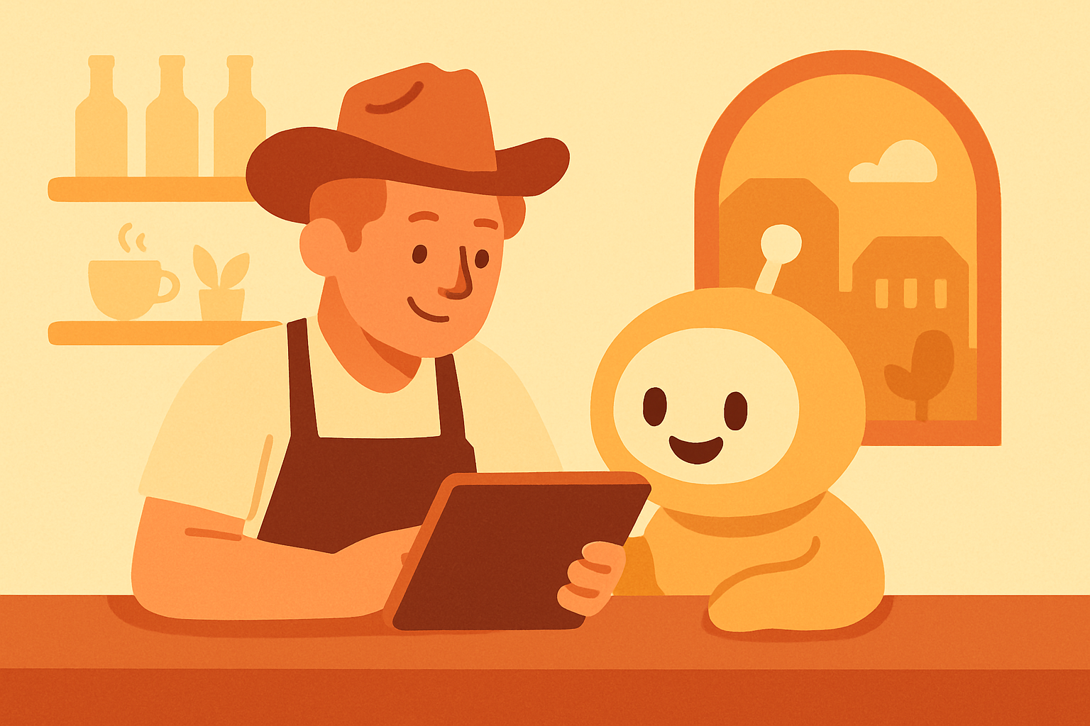 A small business owner and a friendly AI assistant looking at a tablet together